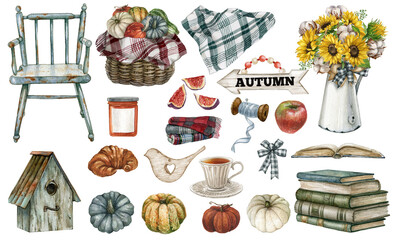 Set of autumn farm elements and products isolated on white background.Hand-drawn farmhouse collection.Watercolor illustration with  pumpkin,golden daisy flower,scale,blanket,candle,pillow,wooden decor
