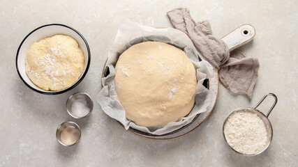 Raw dough pastry in a bowl on neutral background.