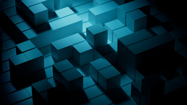 Contemporary Tech Background with Precisely Aligned Glossy Blocks. Teal and Black, 3D Render.