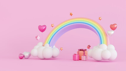 Promotion platform cloud and rainbow with gifts box and balloon, mock up for valentine or anniversary season, 3D rendering.