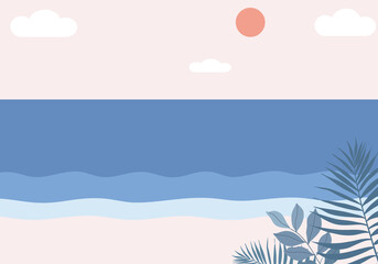 Fototapeta na wymiar Summer beach background, sky, sun, sea, plam leaves and white sand beach. Design illustration.
