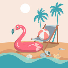 Happy summer background, beach chair with a ball, red inflatable ring, sea shell on the beach. Design illustration.
