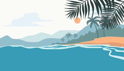 Fototapeta na wymiar Summer beach background clouds and sky, waves and sea with palm leaves. Design illustration.