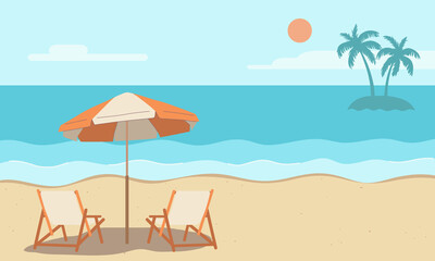 Summer beach background, umbrella, chair, sky, sun, sea, coconut trees and white sand beach. Design illustration.