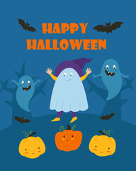 Postcard banner for Halloween, Children in costumes of ghosts and various mischief. Vector illustration.