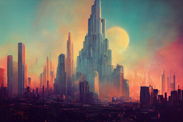 fantasy dream city, colorful illustration