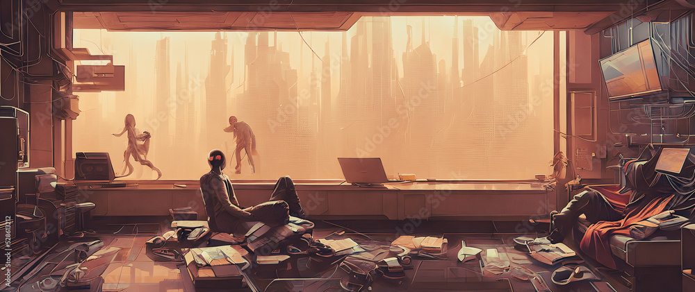 Wall mural artistic concept painting of a beautiful home cyberpunk interior, background illustration.