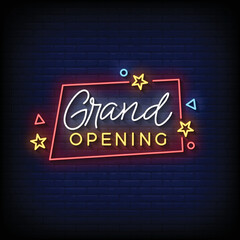 Neon Sign grand opening with Brick Wall Background vector