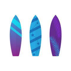 Vector purple summer surfboard set isolated on white background. Surf with tropical leaf, stars and lines 