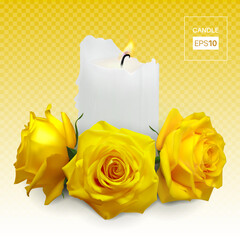 Realistic candle and yellow rosebuds on a transparent background. Vector illustration