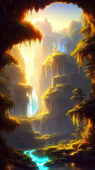 Fantasy landscape, beautiful abstract forest, with large arches of trees and stone and a river, old trees, colorful sunset, unreal world. 3D illustration