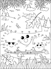 Three mushrooms connect the dots puzzle and coloring page, activity sheet for kids. Full-page, black and white printable.
