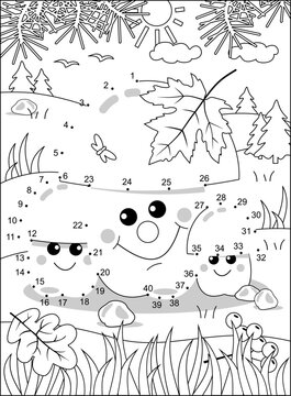 Three mushrooms connect the dots puzzle and coloring page, activity sheet for kids. Full-page, black and white printable.
