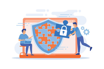 Programmer with jigsaw shield system monitoring network traffic. Firewall, network security system and network firewall concept on white background. flat vector modern illustration