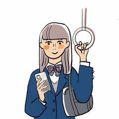 乗り物の中でスマホを見る学生