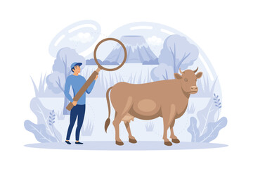 Ecological farming. Natural farming, free run chicken and eggs, grass fed beef, sustainable agriculture, food labeling, flat vector modern illustration