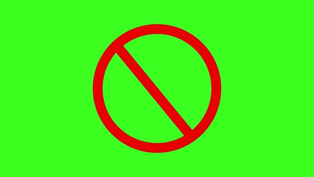 Prohibition red sign animation in green and black screen. Animated forbidden symbol. Simple red circle prohibition. Chroma key video