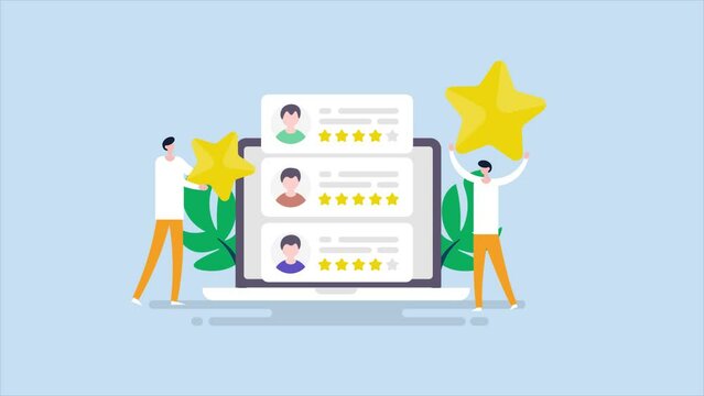 Animation concept of online customer review, rating and feedback, People holding stars user experience concept.