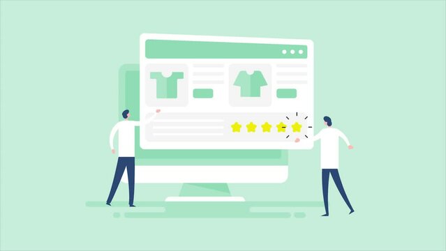 Customers posting review on ecommerce website, online user feedback, product rating concept.