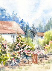 Fototapeta na wymiar traditional ukrainian house with the garden full of flowers watercolor painting