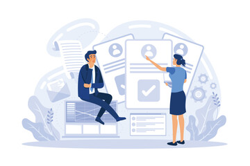 HR manager with employee at interview and business flow chart. Employee assessment software, HR company system, employee check programme concept. flat vector modern illustration