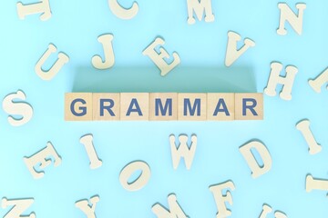 English grammar and learning class lesson. Wooden blocks typography word flat lay in blue background.