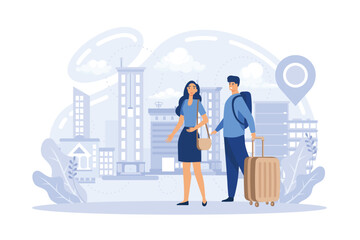 Temporary migration metaphors. Nomad lifestyle, rural and seasonal migration. Holiday vacation tourism. Changing settling place, moving to new location flat vector modern illustration