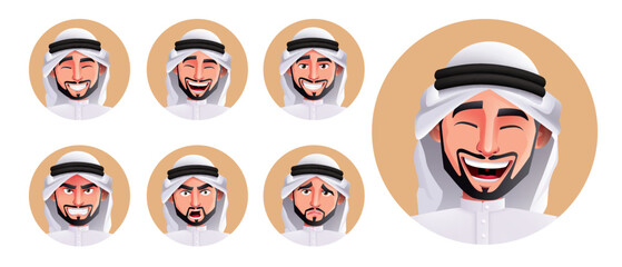 Arab man faces vector set design. Arabian characters in facial expression of happy, sad and angry isolated in white background for arabic people emotion collection. Vector illustration.
