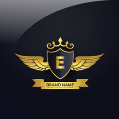 Luxury royal wing Letter E crest Gold colour, Victory logo, crest logo, wing logo, vector logo template.