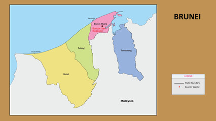 Brunei Map. State and district map of Brunei. Political map of Brunei with country capital.