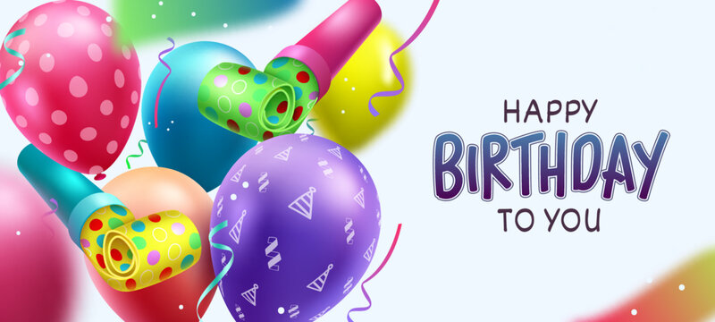 Birthday celebration vector design. Happy birthday greeting text with balloons, party whistle and confetti elements for colorful kids birth day. Vector illustration.
