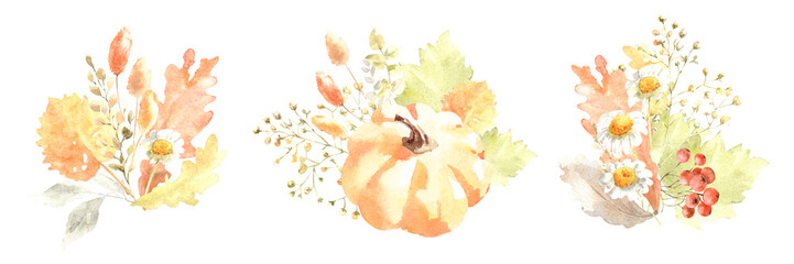 Set of autumn watercolor bouquets. Hand drawn leaves, berries, flowers, branches and pumpkins.