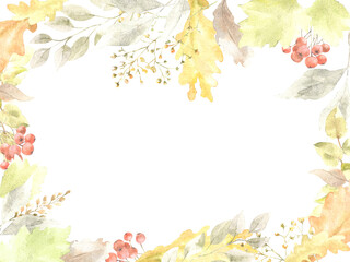 Watercolor frame of autumn leaves, hawthorn berries and flowers in bright warm colors