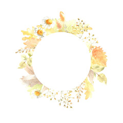 Watercolor round frame of autumn leaves and flowers in bright warm colors