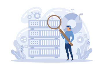 Developer with magnifying glass working with big data and zigzag arrow. Digital analytics tools, data storage and software engineering concept. flat vector modern illustration