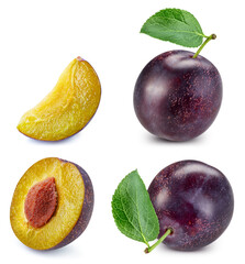 Isolated plum. Fresh organic plum with leaves isolated clipping path. Plum macro studio photo. High End Retouching