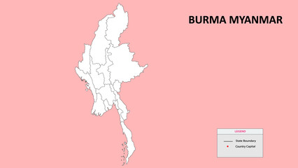 Burma Myanmar Map. Outline state map of Burma Myanmar. Political map of Burma Myanmar with black and white design.