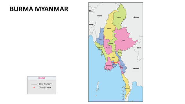 Burma Myanmar Map. State and district map of Burma Myanmar. Political map of Burma Myanmar with country capital.