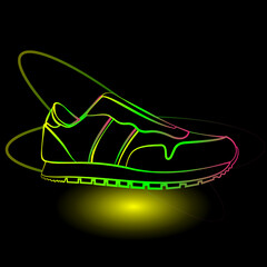 Trainers neon sign. Stylish footwear design for sports workout. Glowing neon sneaker icon. Stock vector illustration.
