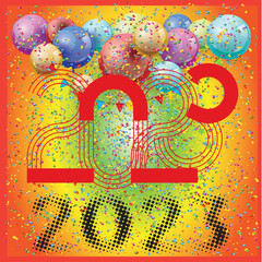 2023 Happy New Year banner. Vector illustration with colorful numbers 2023 with a colorful balloon. New Year holiday symbol template on colorful background.