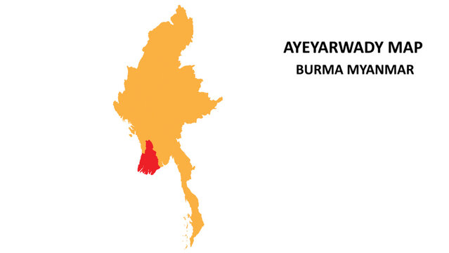 Ayeyarwady State and regions map highlighted on Burma myanmar map.