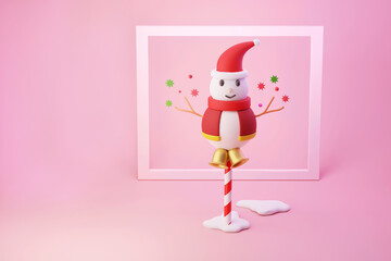 Happy snowman candy cane, Holiday Christmas festival, and New year's day on pink background 3d illustration