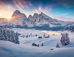 Peel and stick wall murals Dolomites Untouched winter landscape. Frosty winter view of Alpe di Siusi village with Plattkofel peak on background. Amazing morning scene of Dolomite Alps, Ityaly, Europe. Traveling concept background..