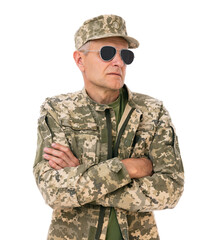 Portrait of mature soldier in camouflage wearing sunglasses isolated on white background. Old...