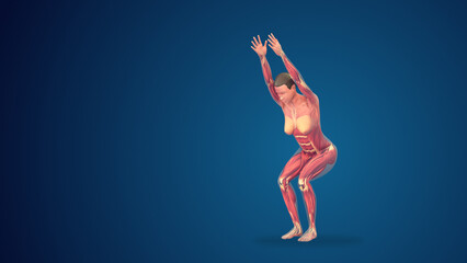 3D human utkatasana chair yoga pose on blue background