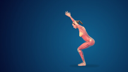Fototapeta na wymiar 3D human utkatasana chair yoga pose on blue background