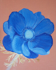 Abstract blue flower on a pink background hand painted with oil paints on canvas - 528621051