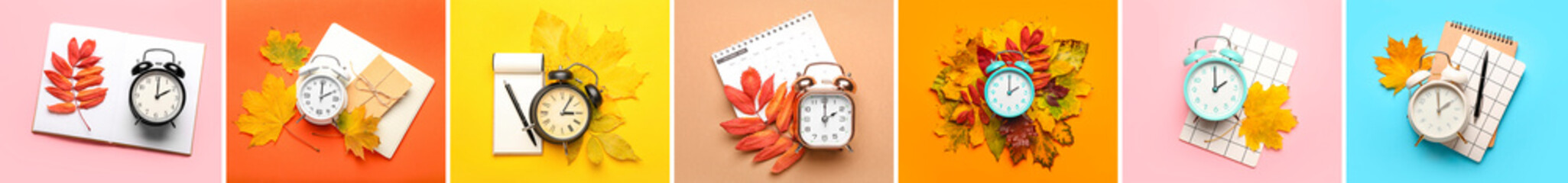 Collage of alarm clocks with autumn leaves and notebooks on color background