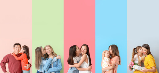 Set of children and teenagers kissing parents and sisters on colorful background