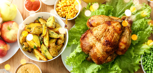 Tasty dishes for Thanksgiving Day dinner on table, top view